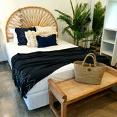 Black Raw Cotton Throw with White Stitch Pattern and Soft Fringe | 130×200cm